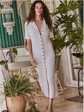 Ribbed Button-Front Midi Dress in Ivory